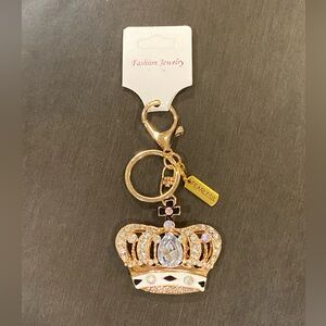 Crown Gold Tone Rhinestone Embellished Fearless Charm Keychain Keyring